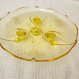 Vintage Lancaster Yellow Topaz Petal Depression Glass 8” - 3 Footed Cake Plate
